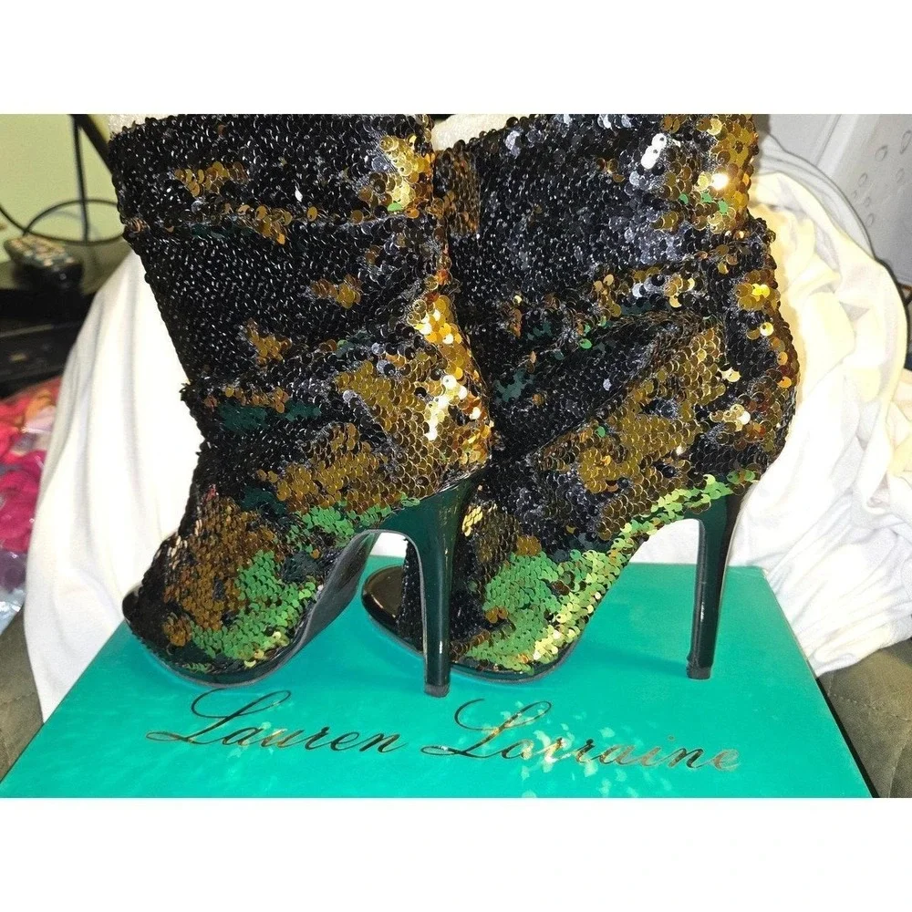 Lauren Lorraine Marlow Black/Gold Sequin Peep Toe Heel